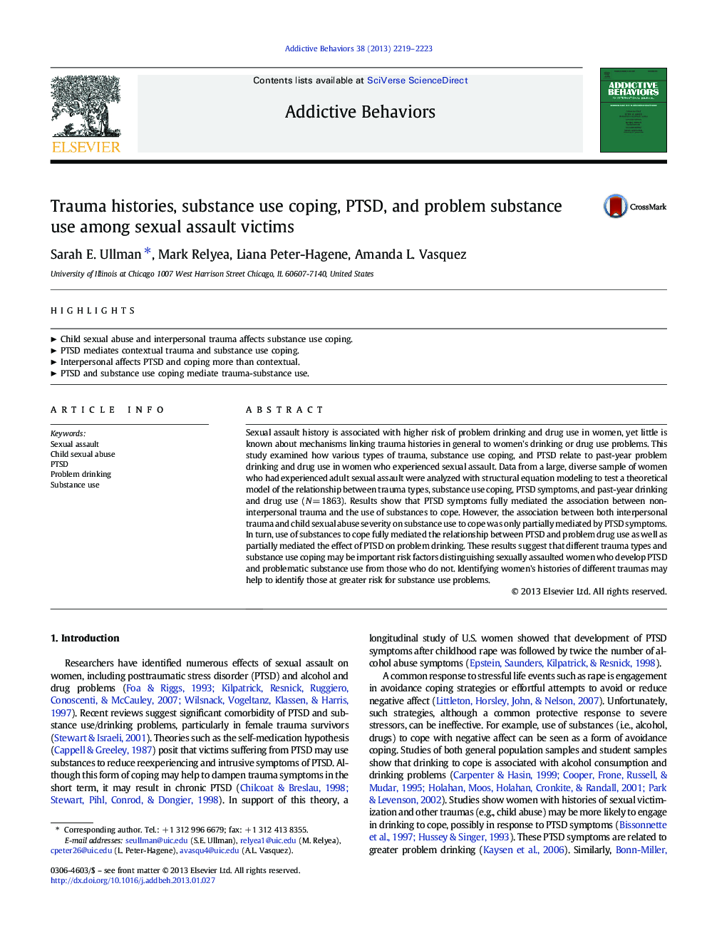 Trauma histories, substance use coping, PTSD, and problem substance use among sexual assault victims