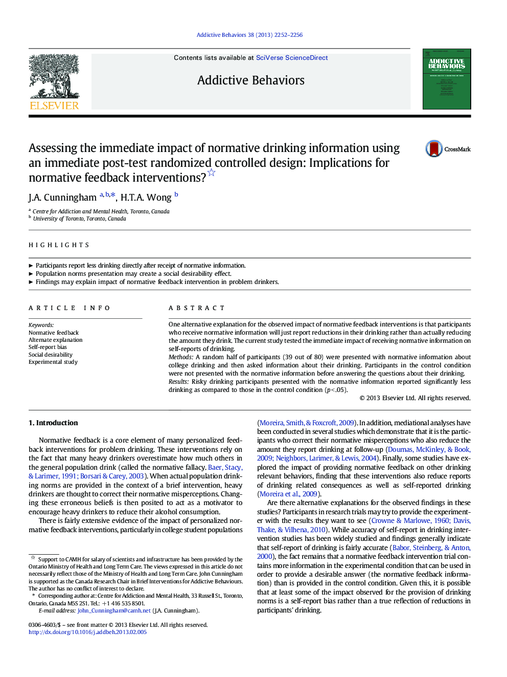 Assessing the immediate impact of normative drinking information using an immediate post-test randomized controlled design: Implications for normative feedback interventions? 