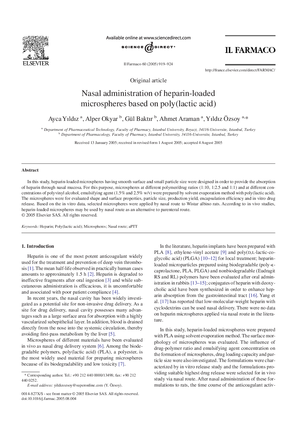 Nasal administration of heparin-loaded microspheres based on poly(lactic acid)