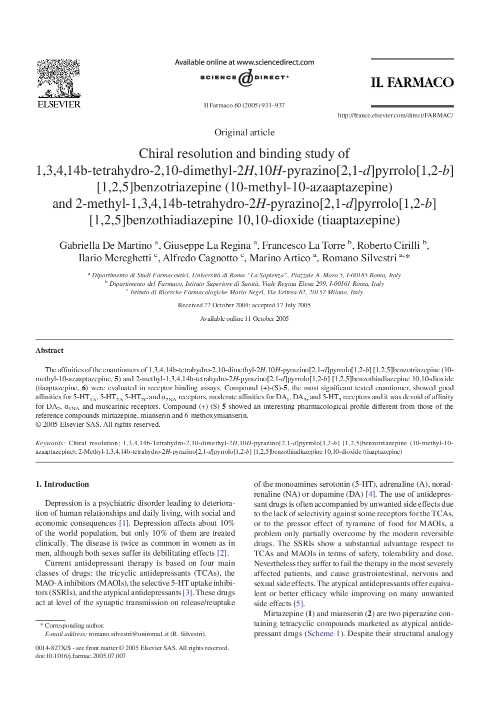 Chiral resolution and binding study of 1,3,4,14b-tetrahydro-2,10-dimethyl-2H,10H-pyrazino[2,1-d]pyrrolo[1,2-b] [1,2,5]benzotriazepine (10-methyl-10-azaaptazepine) and 2-methyl-1,3,4,14b-tetrahydro-2H-pyrazino[2,1-d]pyrrolo[1,2-b] [1,2,5]benzothiadiazepine