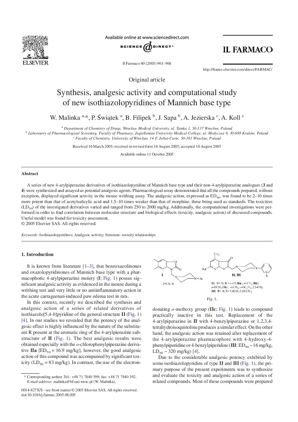 عکس صفحه اول مقاله: Synthesis, analgesic activity and computational study of new isothiazolopyridines of Mannich base type Synthesis, analgesic activity and computational study of new isothiazolopyridines of Mannich base type