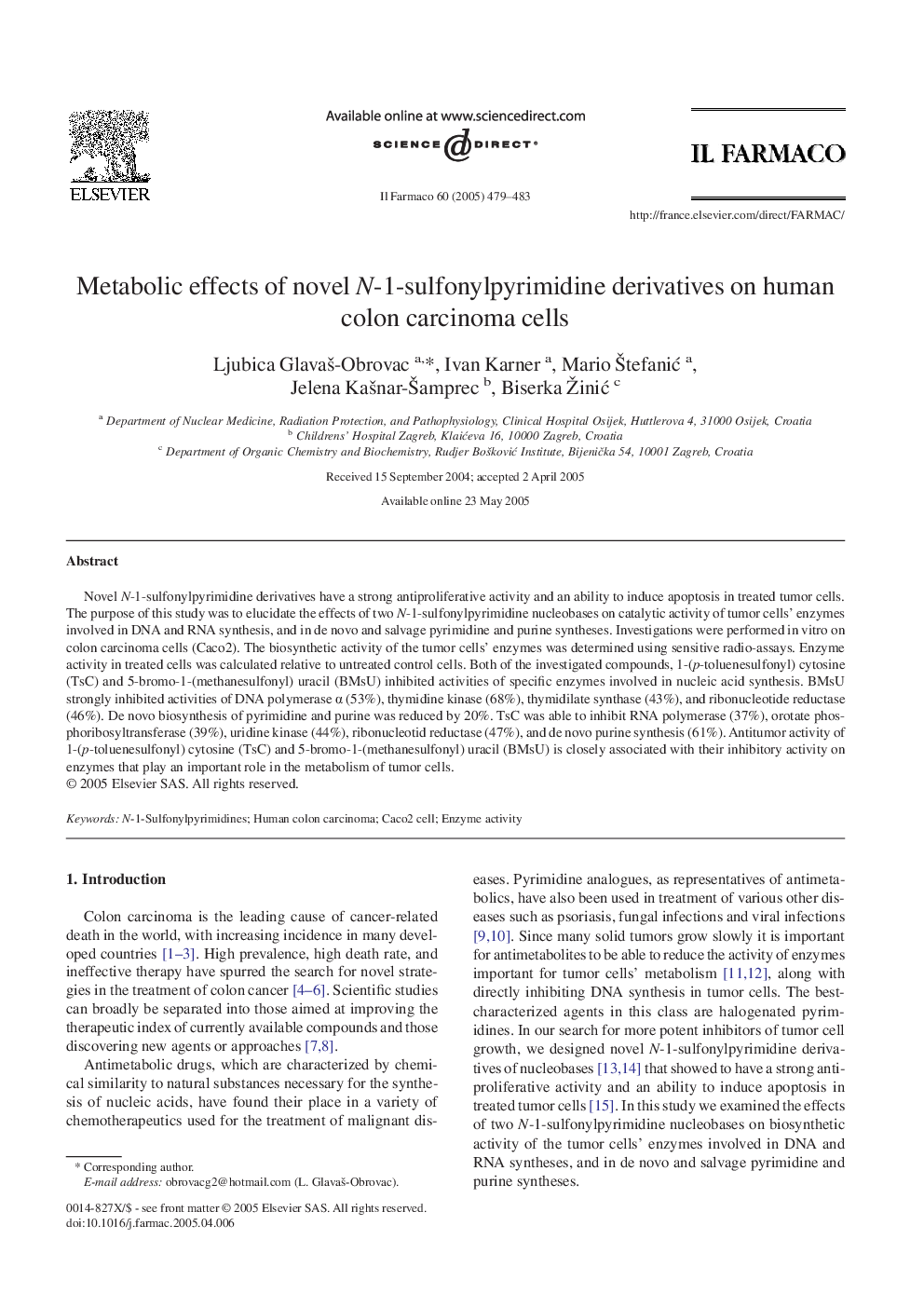Metabolic effects of novel N-1-sulfonylpyrimidine derivatives on human colon carcinoma cells