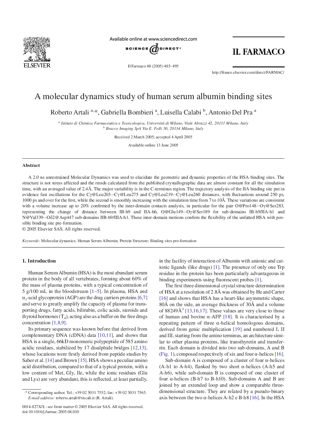 عکس صفحه اول مقاله: A molecular dynamics study of human serum albumin binding sites A molecular dynamics study of human serum albumin binding sites