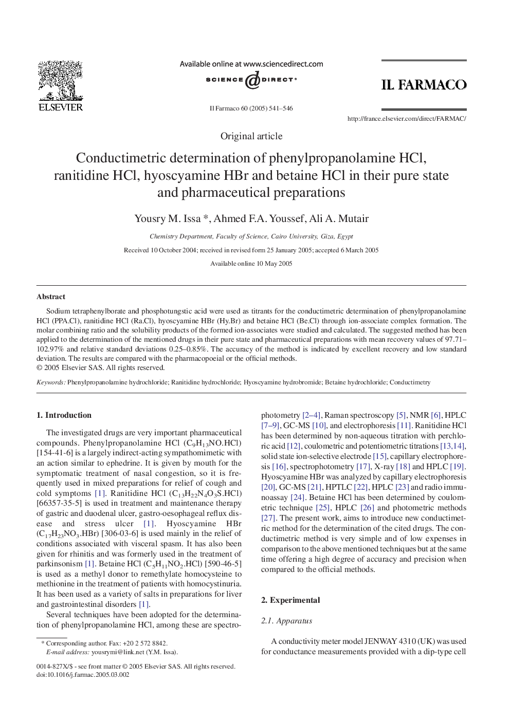 Conductimetric determination of phenylpropanolamine HCl, ranitidine HCl, hyoscyamine HBr and betaine HCl in their pure state and pharmaceutical preparations