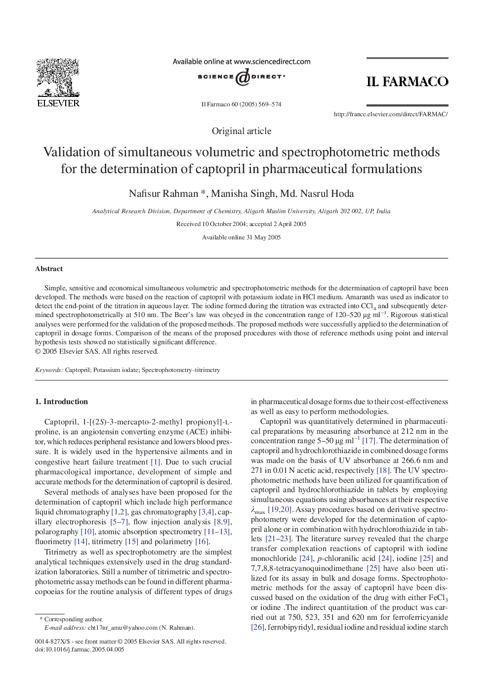 Validation of simultaneous volumetric and spectrophotometric methods for the determination of captopril in pharmaceutical formulations