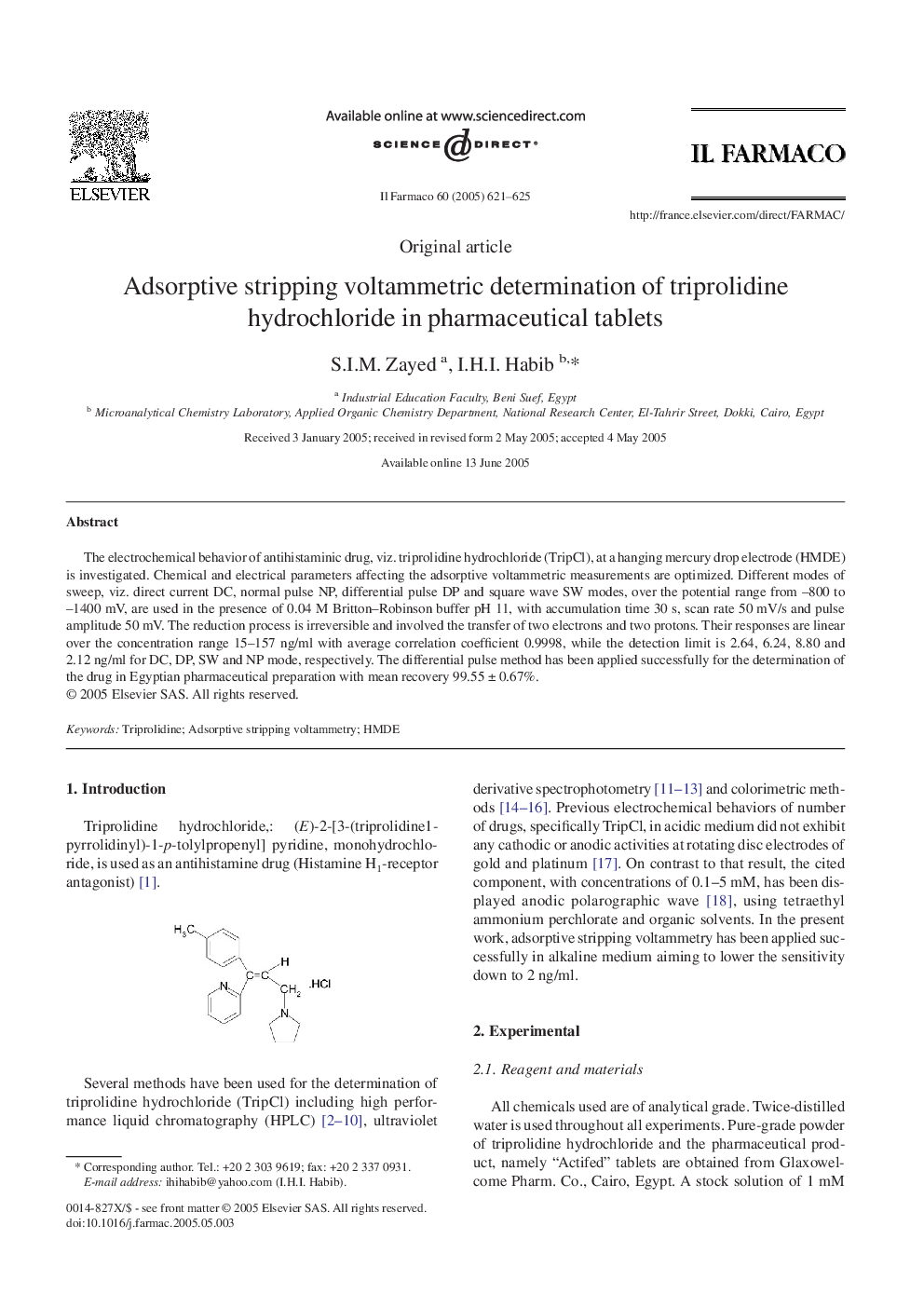 Adsorptive stripping voltammetric determination of triprolidine hydrochloride in pharmaceutical tablets