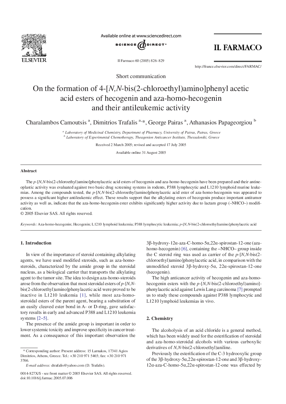 On the formation of 4-[N,N-bis(2-chloroethyl)amino]phenyl acetic acid esters of hecogenin and aza-homo-hecogenin and their antileukemic activity