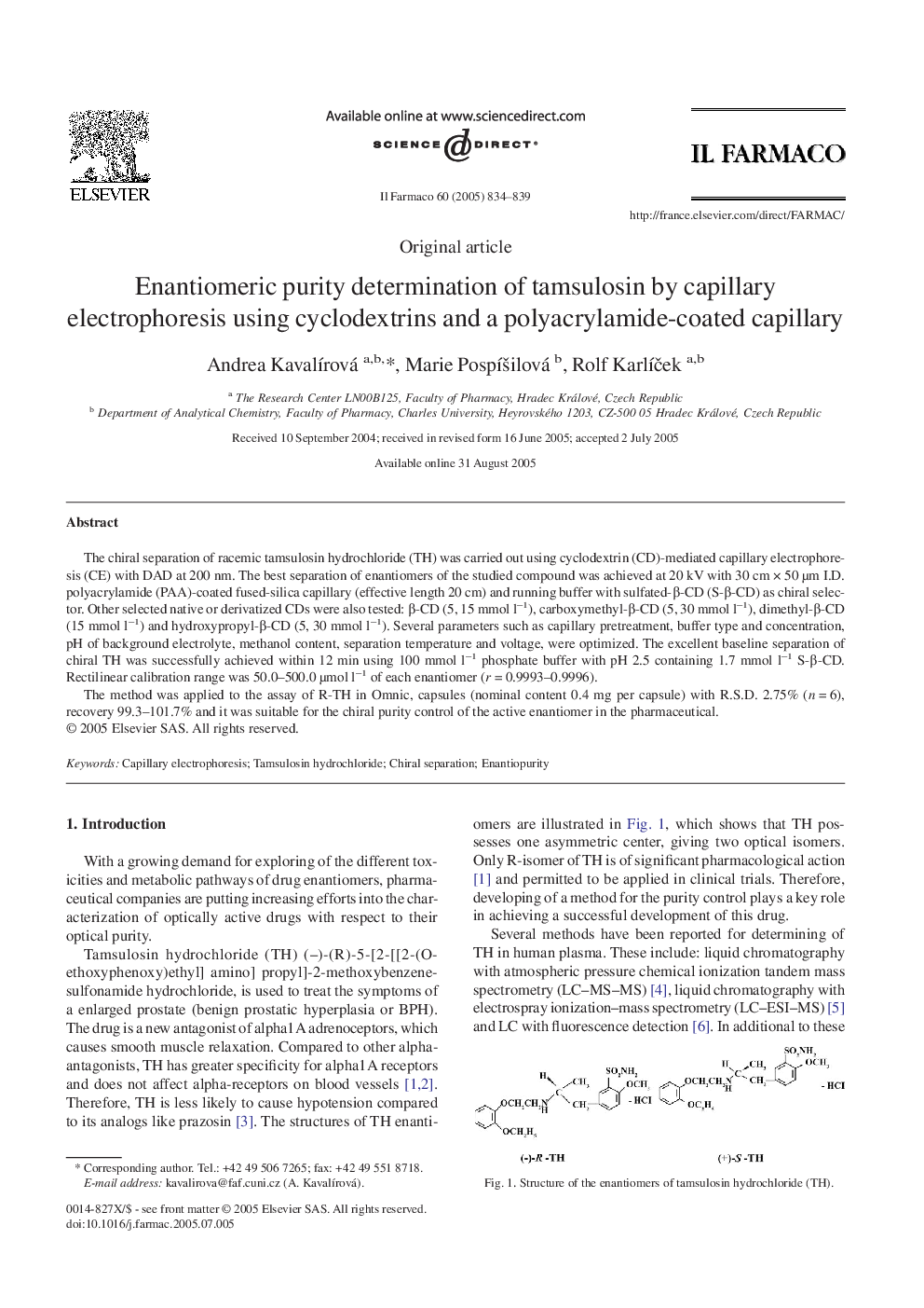 Enantiomeric purity determination of tamsulosin by capillary electrophoresis using cyclodextrins and a polyacrylamide-coated capillary