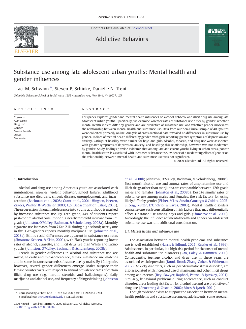 Substance use among late adolescent urban youths: Mental health and gender influences