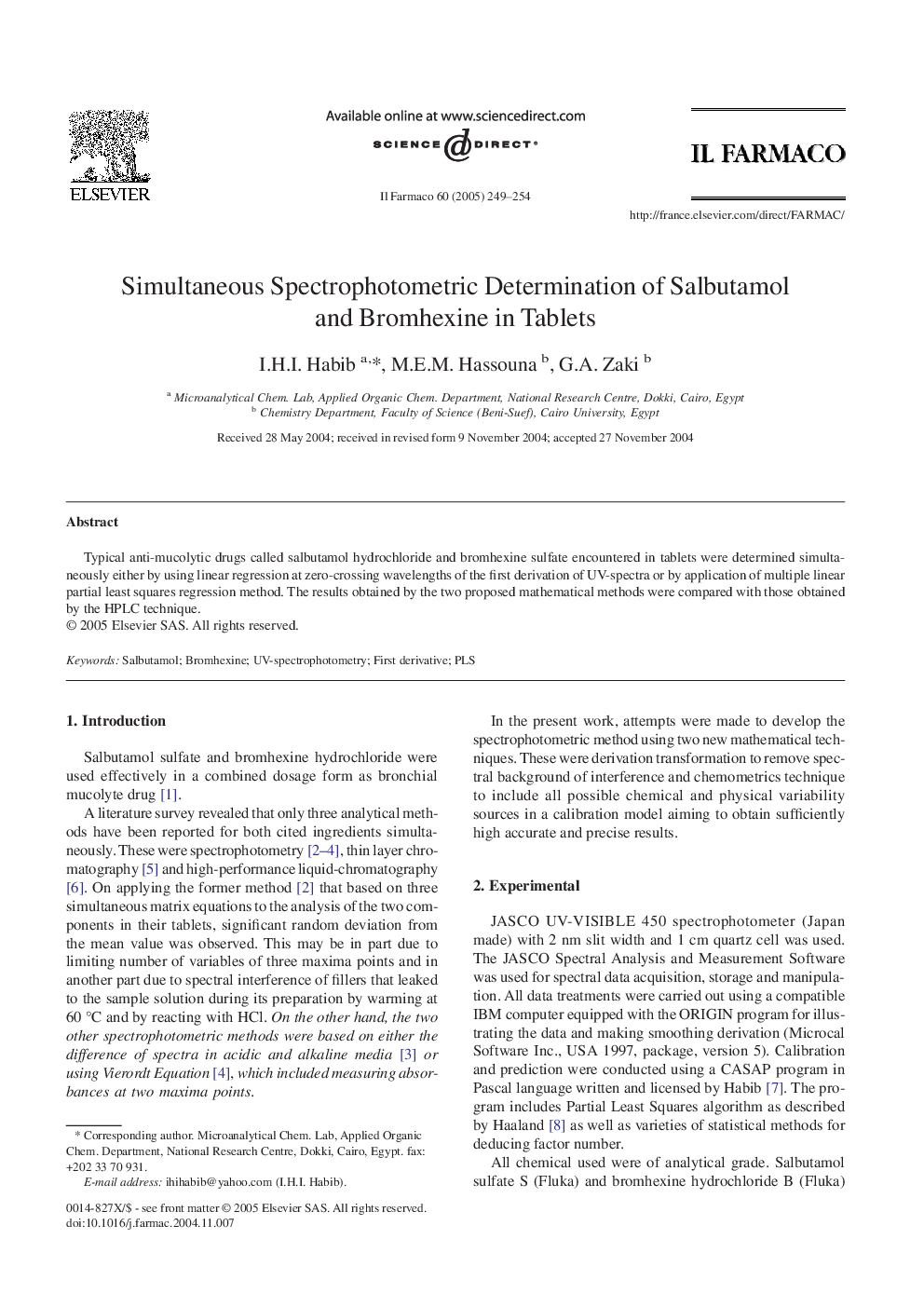 Simultaneous Spectrophotometric Determination of Salbutamol and Bromhexine in Tablets