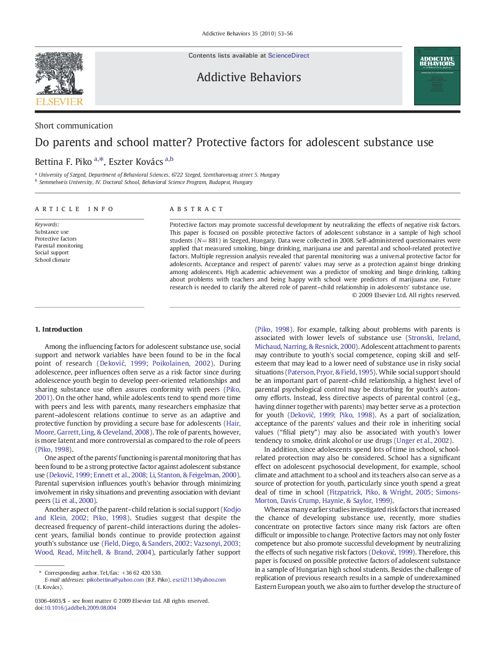 Do parents and school matter? Protective factors for adolescent substance use