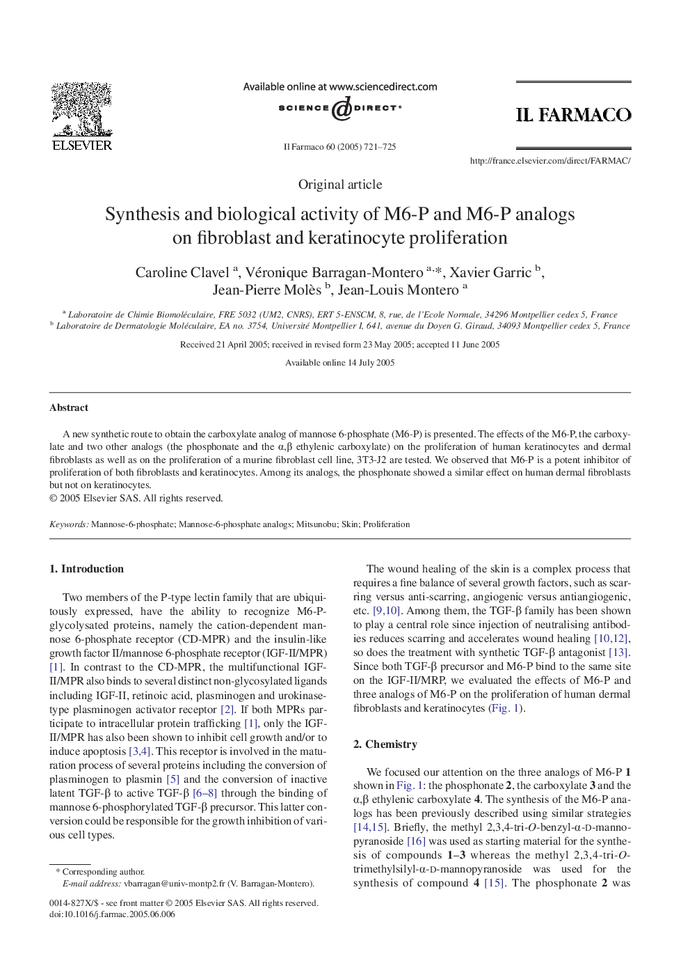 Synthesis and biological activity of M6-P and M6-P analogs on fibroblast and keratinocyte proliferation