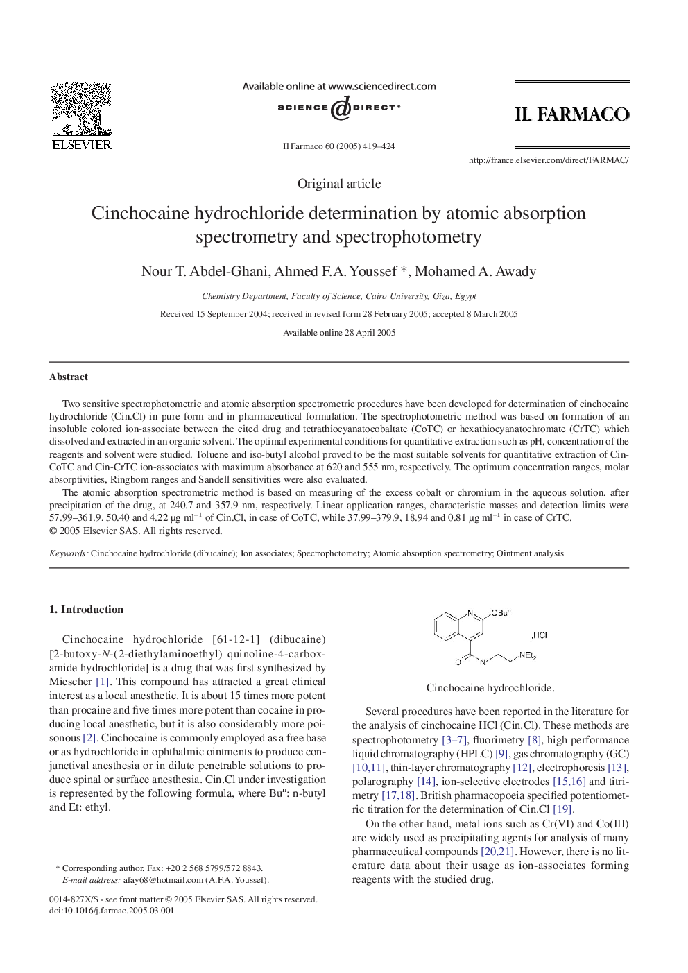 Cinchocaine hydrochloride determination by atomic absorption spectrometry and spectrophotometry