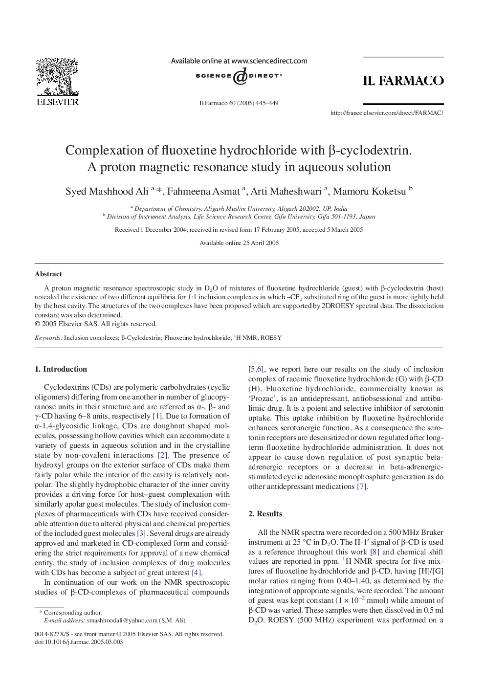 Complexation of fluoxetine hydrochloride with Î²-cyclodextrin. A proton magnetic resonance study in aqueous solution