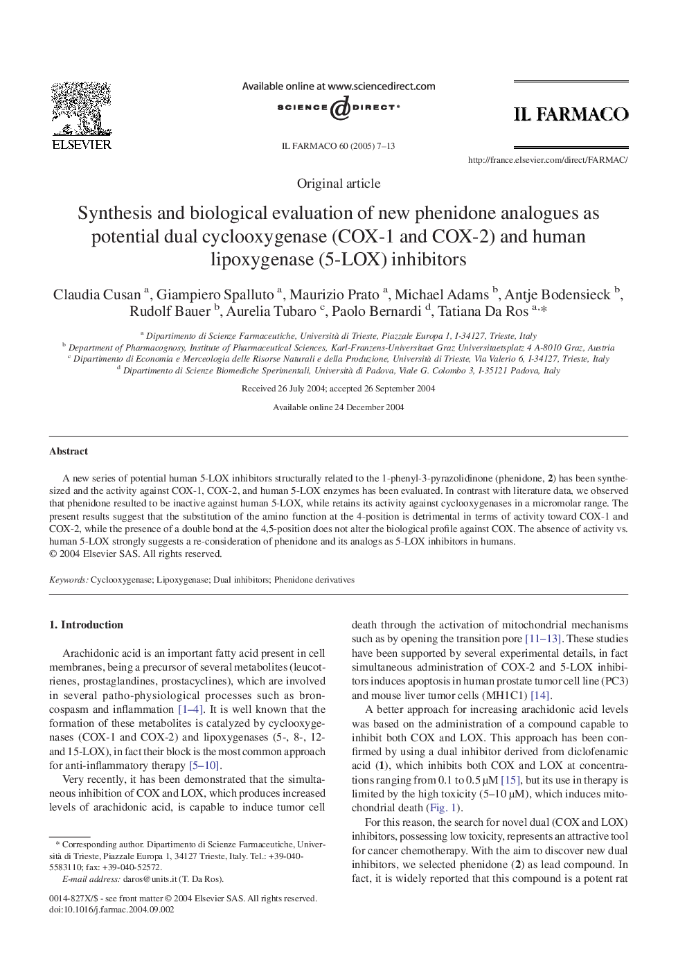 Synthesis and biological evaluation of new phenidone analogues as potential dual cyclooxygenase (COX-1 and COX-2) and human lipoxygenase (5-LOX) inhibitors