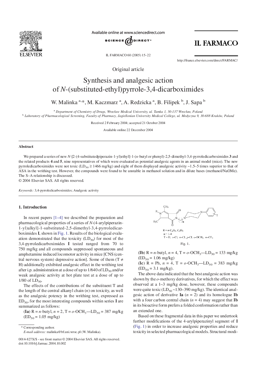 عکس صفحه اول مقاله: Synthesis and analgesic action of N-(substituted-ethyl)pyrrole-3,4-dicarboximides Synthesis and analgesic action of N-(substituted-ethyl)pyrrole-3,4-dicarboximides
