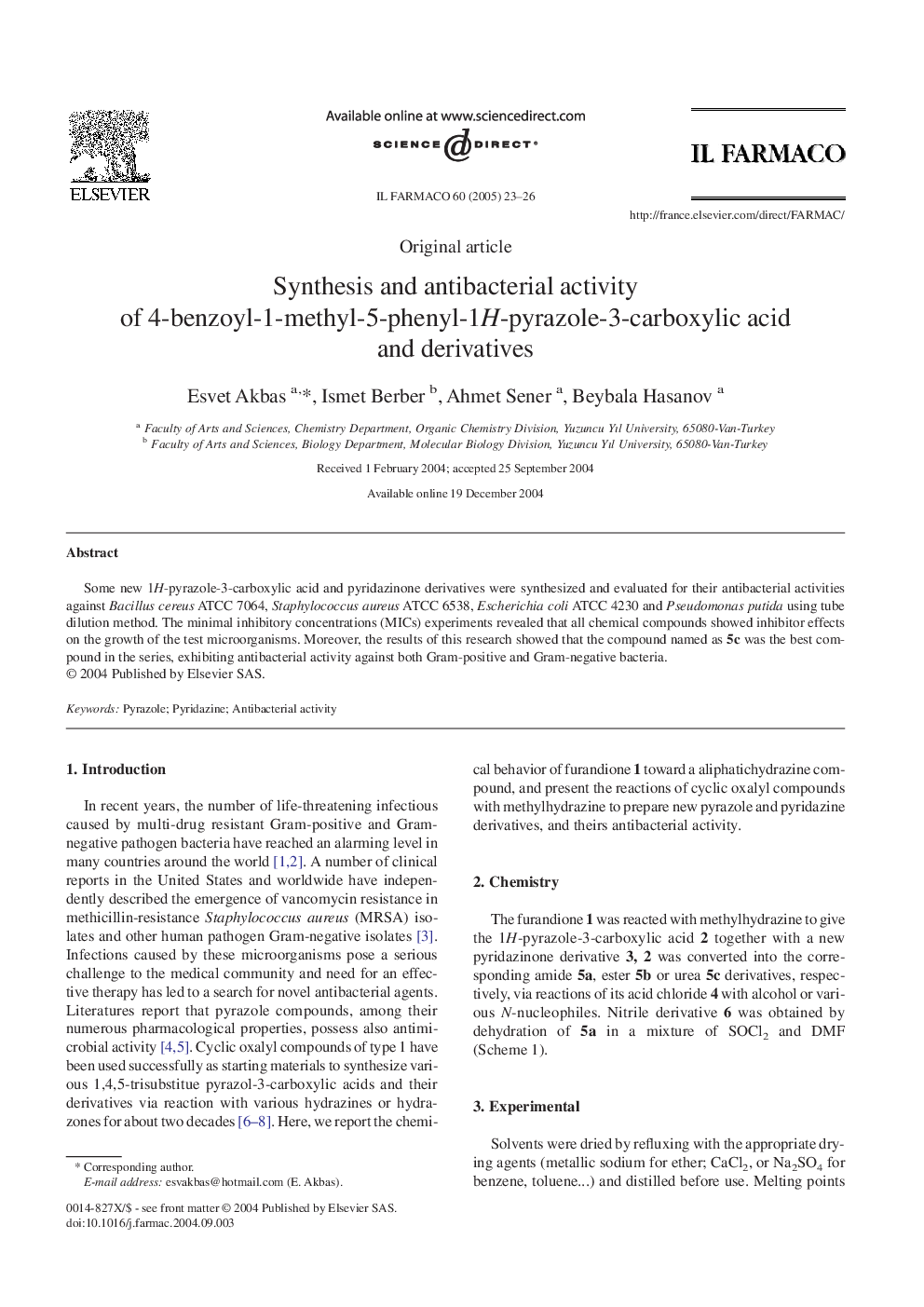 Synthesis and antibacterial activity of 4-benzoyl-1-methyl-5-phenyl-1H-pyrazole-3-carboxylic acid and derivatives