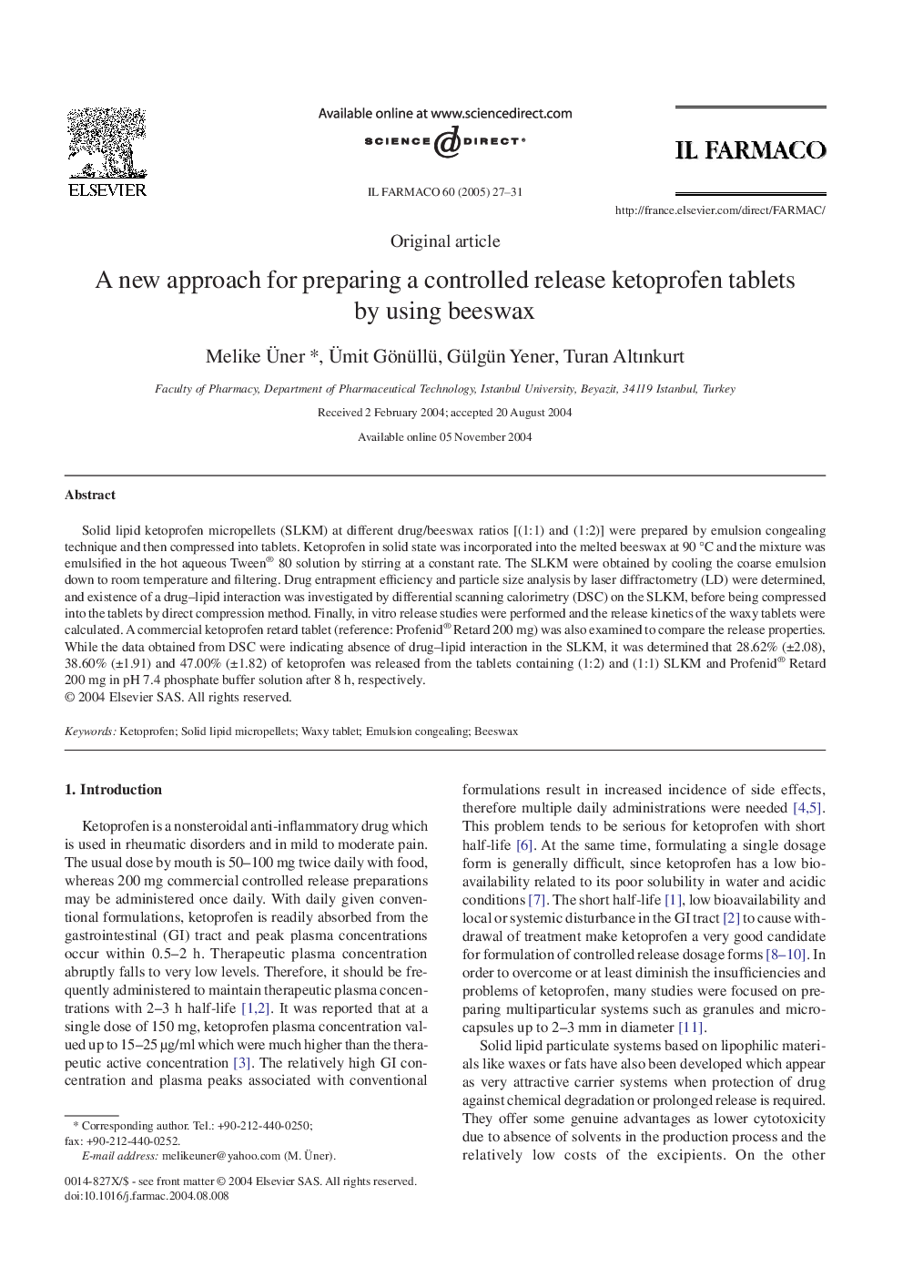 A new approach for preparing a controlled release ketoprofen tablets by using beeswax