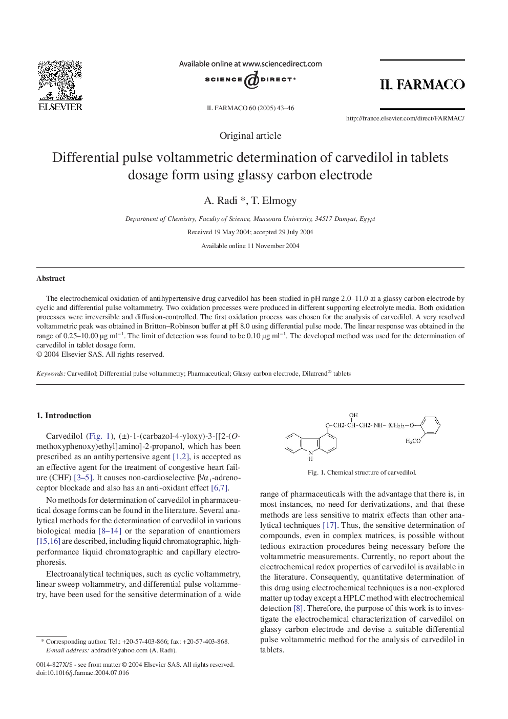 Differential pulse voltammetric determination of carvedilol in tablets dosage form using glassy carbon electrode