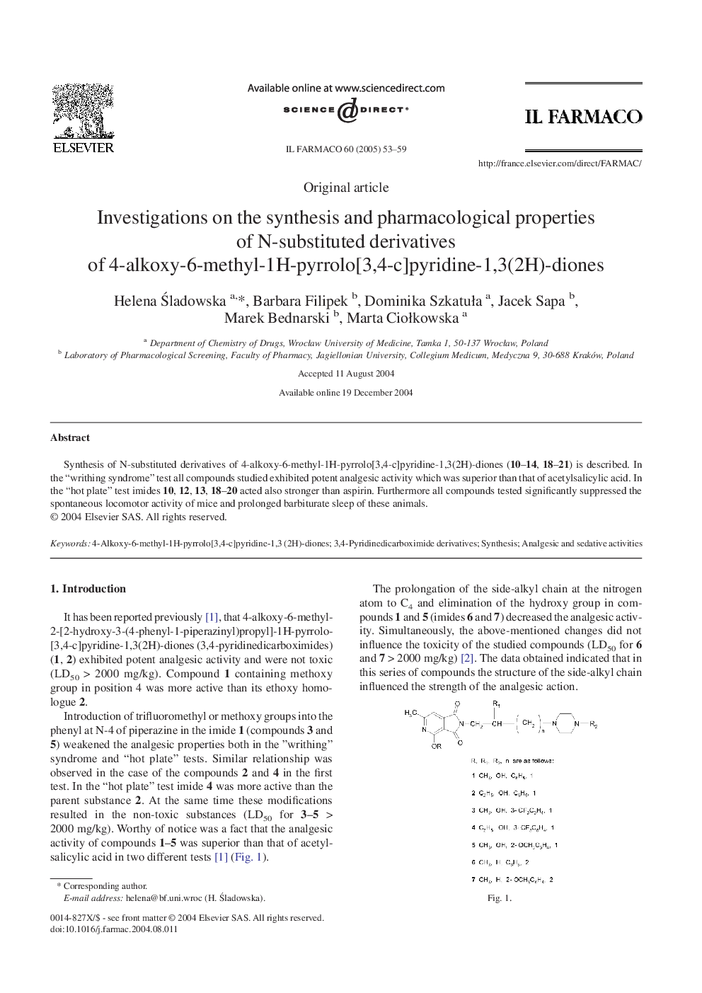 Investigations on the synthesis and pharmacological properties of N-substituted derivatives of 4-alkoxy-6-methyl-1H-pyrrolo[3,4-c]pyridine-1,3(2H)-diones