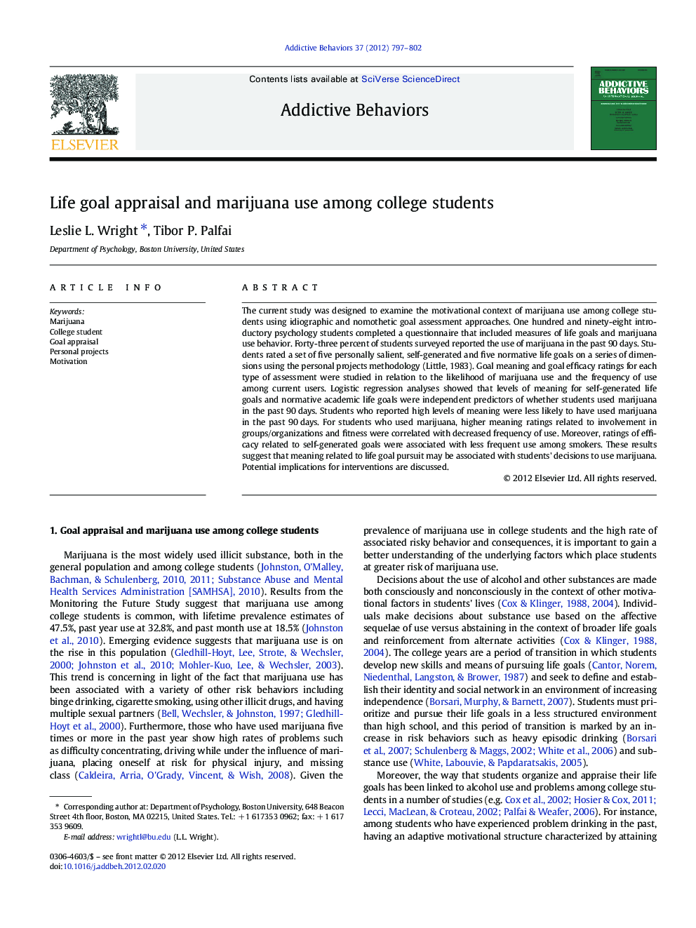 Life goal appraisal and marijuana use among college students