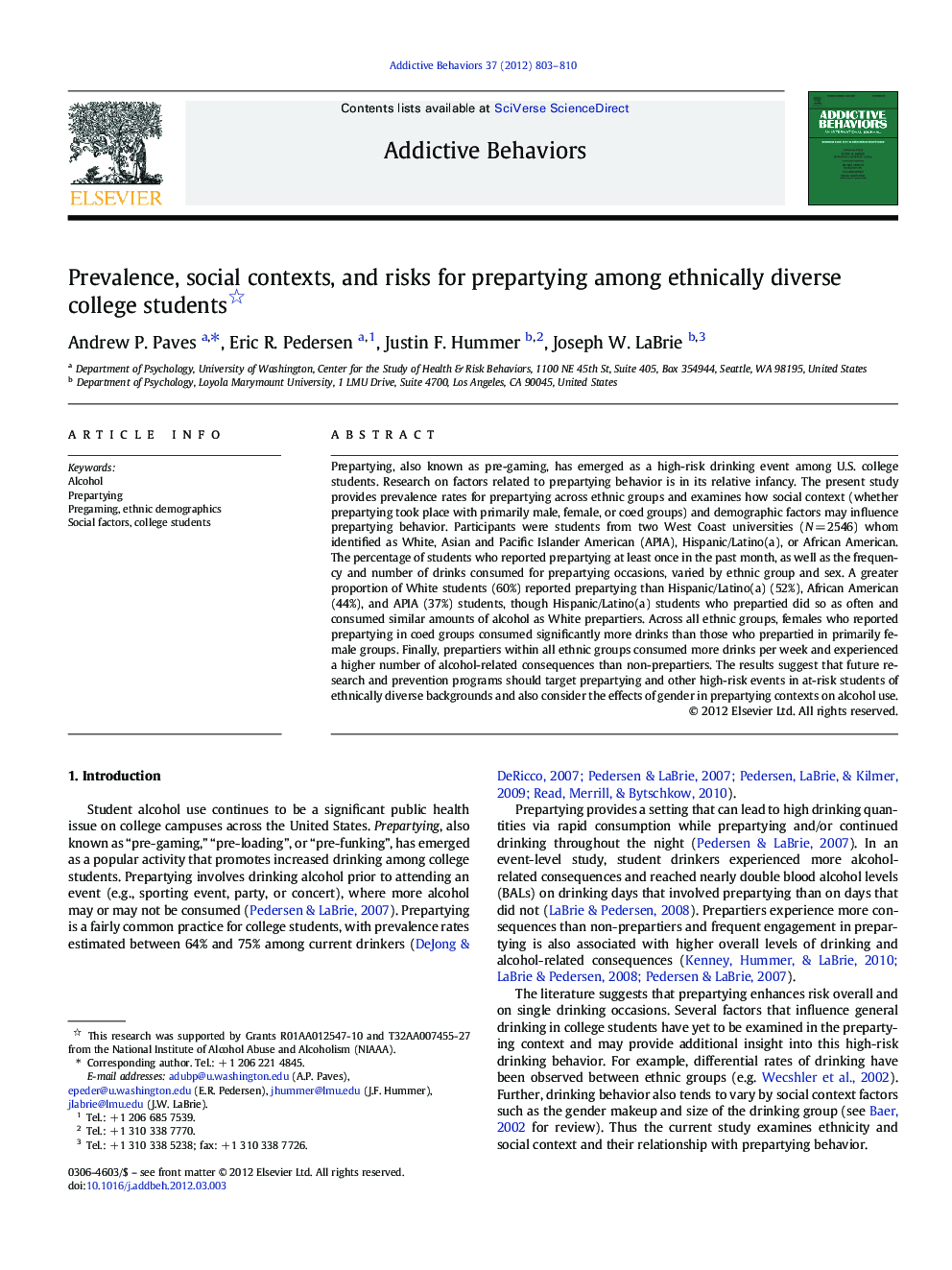 Prevalence, social contexts, and risks for prepartying among ethnically diverse college students 