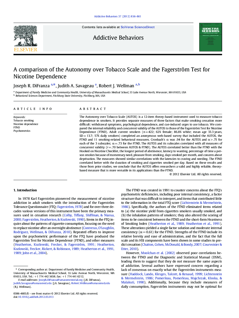 A comparison of the Autonomy over Tobacco Scale and the Fagerström Test for Nicotine Dependence