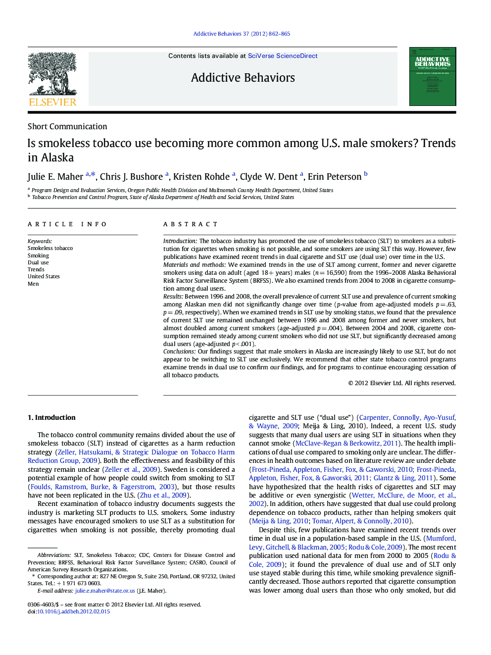 Is smokeless tobacco use becoming more common among U.S. male smokers? Trends in Alaska