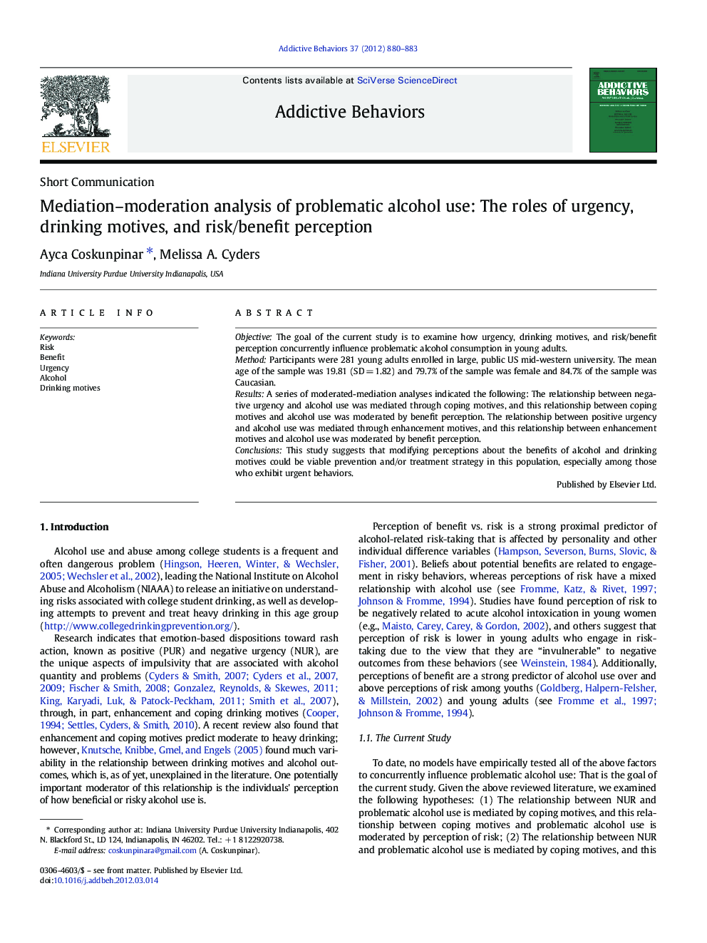 Mediation–moderation analysis of problematic alcohol use: The roles of urgency, drinking motives, and risk/benefit perception