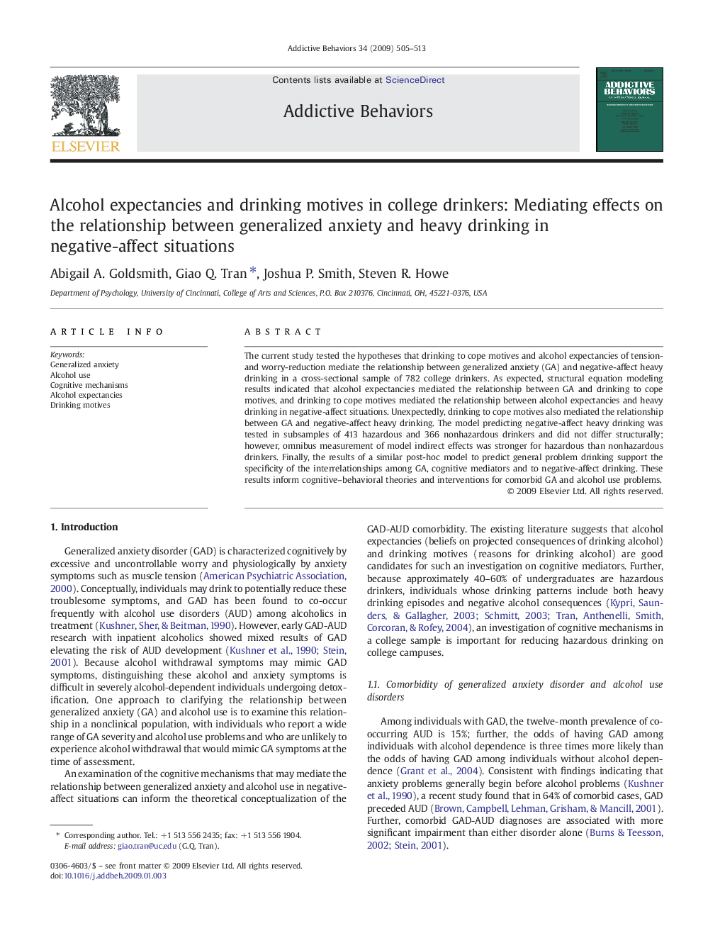 Alcohol expectancies and drinking motives in college drinkers: Mediating effects on the relationship between generalized anxiety and heavy drinking in negative-affect situations