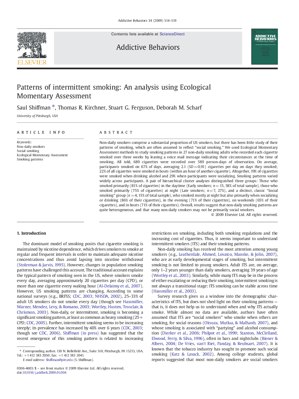 Patterns of intermittent smoking: An analysis using Ecological Momentary Assessment