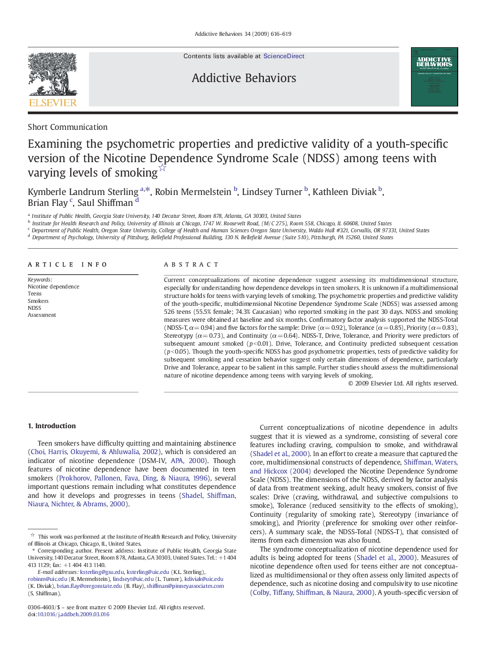 Examining the psychometric properties and predictive validity of a youth-specific version of the Nicotine Dependence Syndrome Scale (NDSS) among teens with varying levels of smoking 