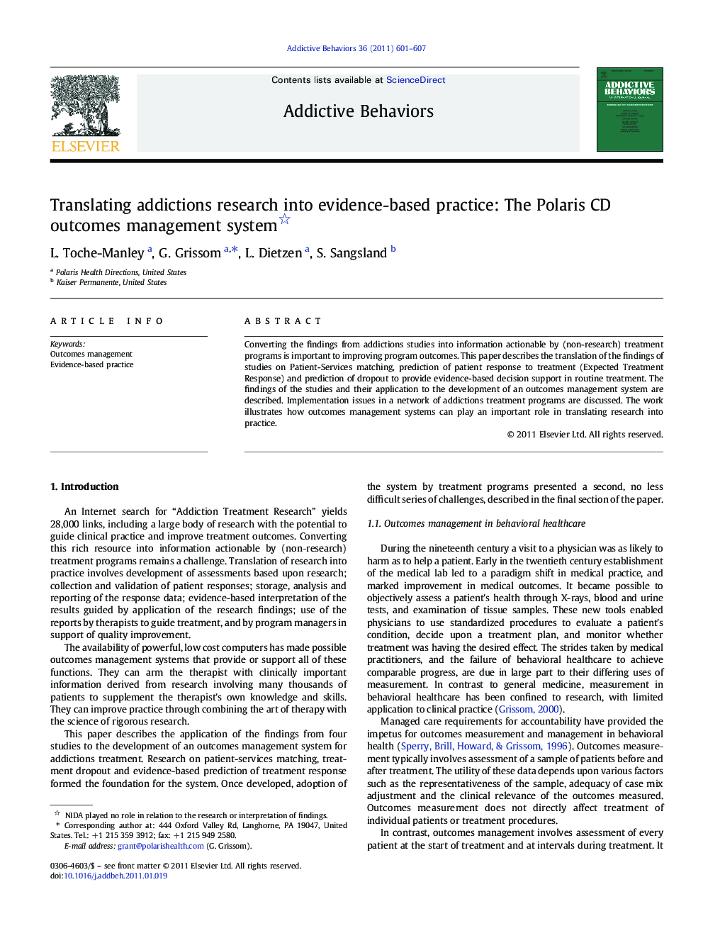 Translating addictions research into evidence-based practice: The Polaris CD outcomes management system 