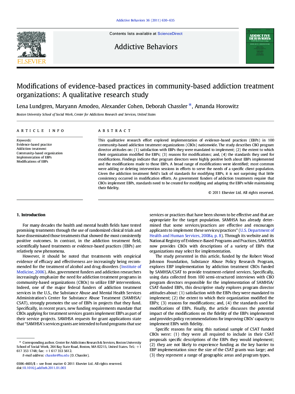 Modifications of evidence-based practices in community-based addiction treatment organizations: A qualitative research study