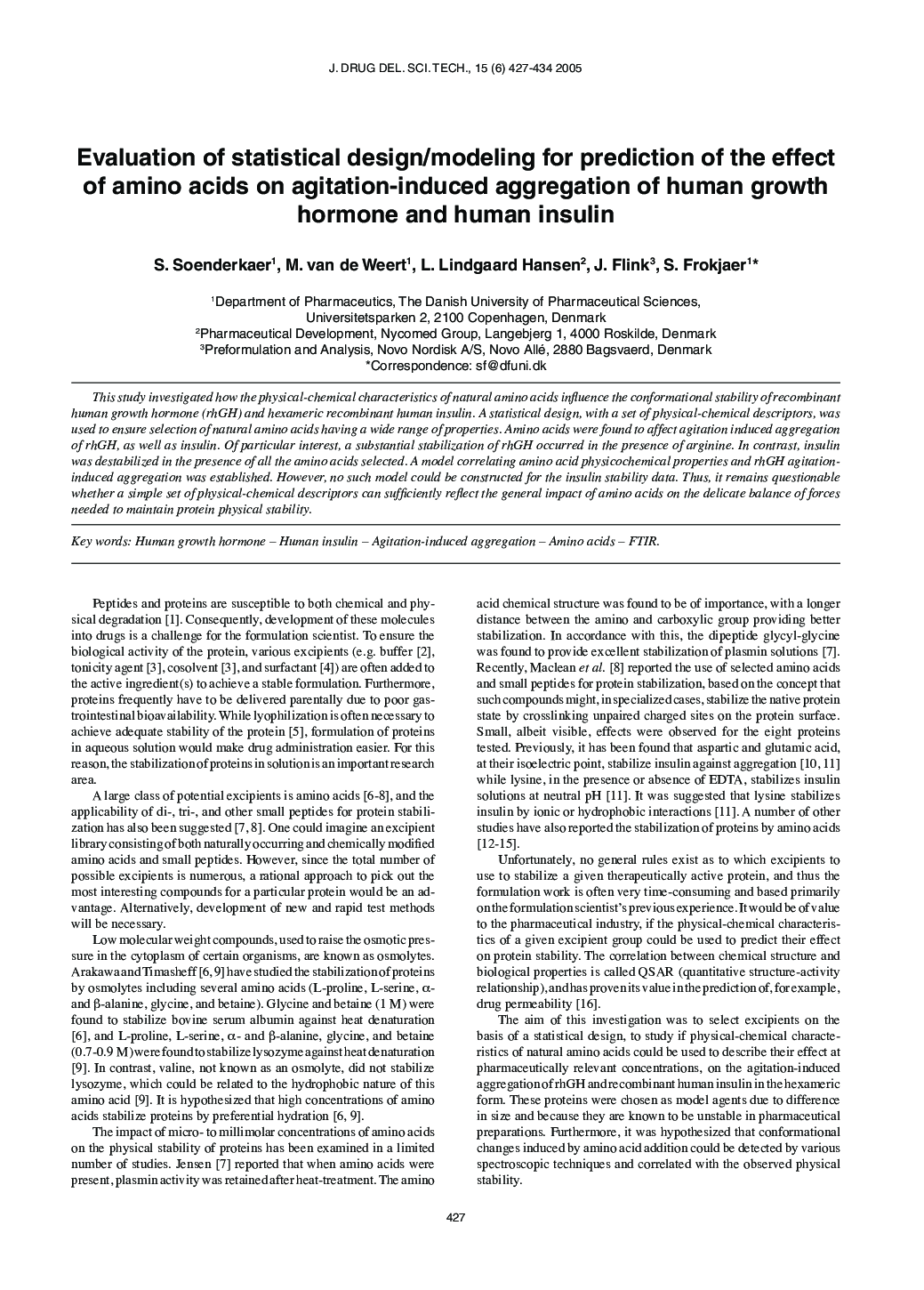 Evaluation of statistical design/modeling for prediction of the effect of amino acids on agitation-induced aggregation of human growth hormone and human insulin