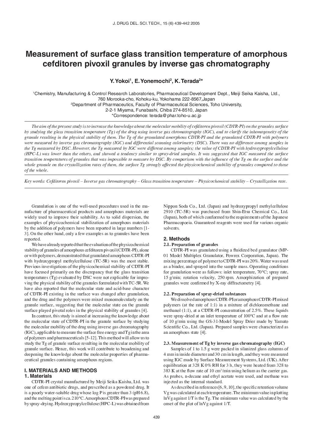 Measurement of surface glass transition temperature of amorphous cefditoren pivoxil granules by inverse gas chromatography