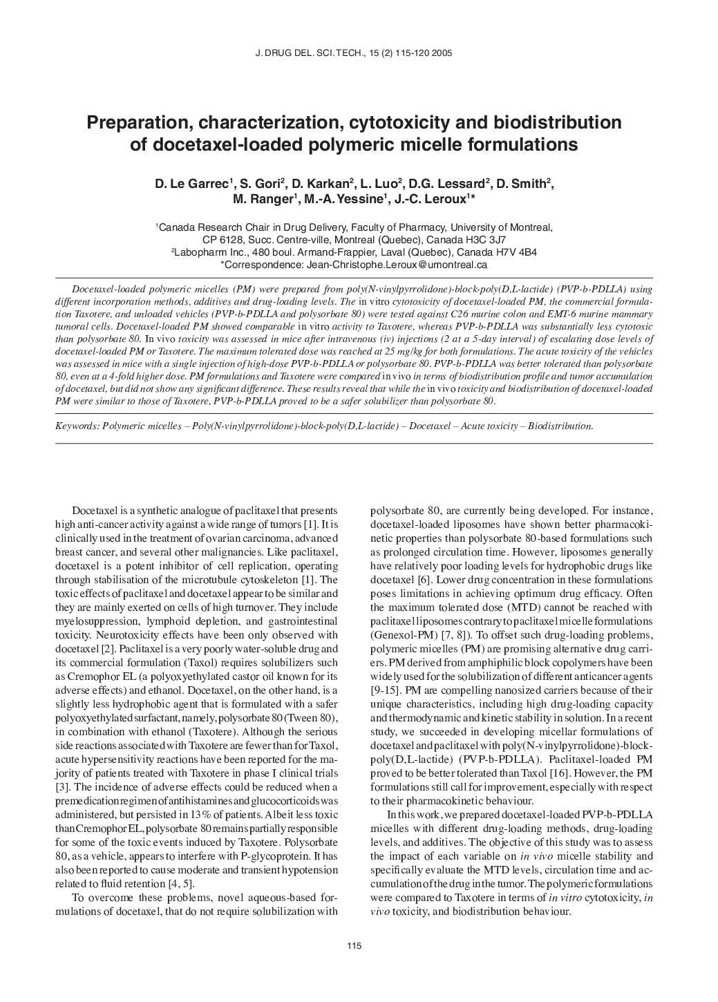 Preparation, characterization, cytotoxicity and biodistribution of docetaxel-loaded polymeric micelle formulations