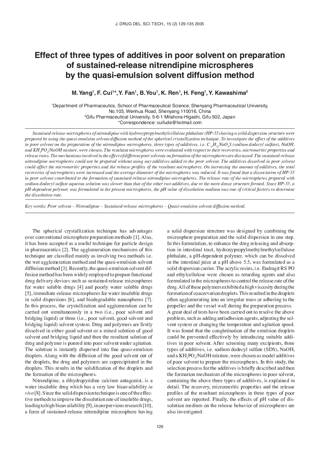 Effect of three types of additives in poor solvent on preparation of sustained-release nitrendipine microspheres by the quasi-emulsion solvent diffusion method