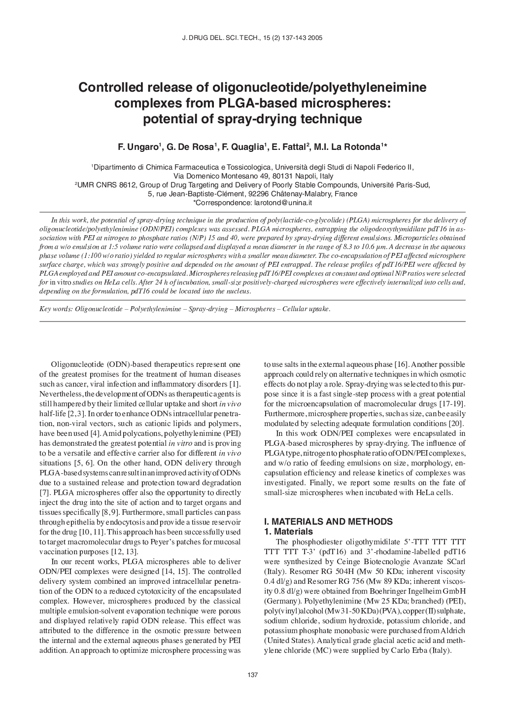 Controlled release of oligonucleotide/polyethyleneimine complexes from PLGA-based microspheres: potential of spray-drying technique