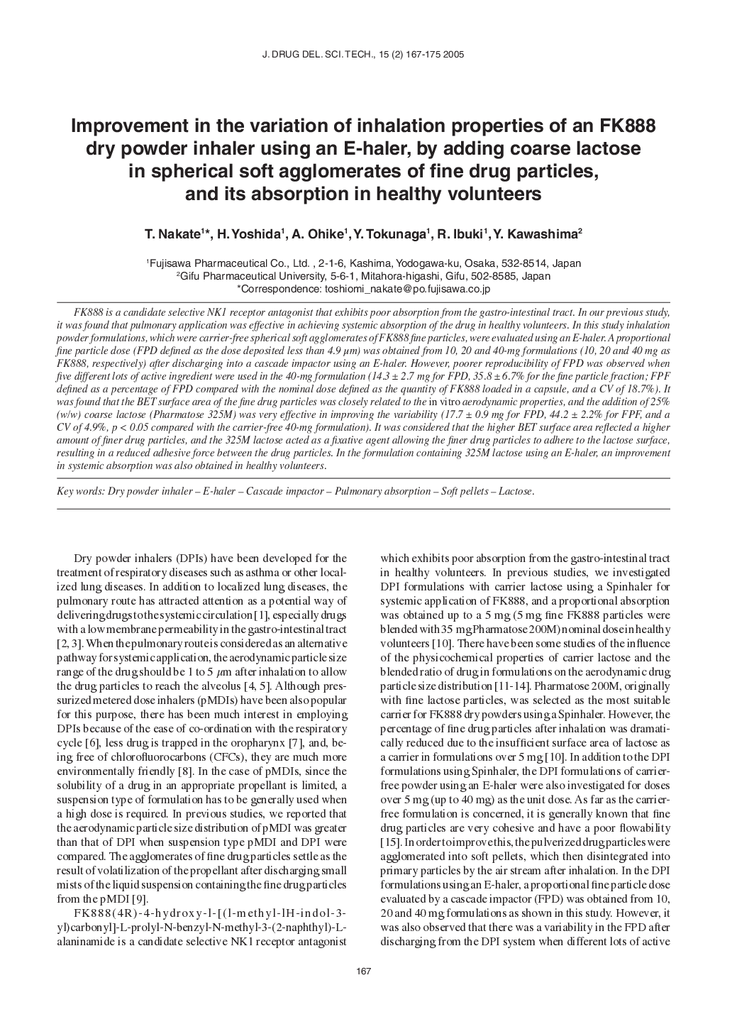 Improvement in the variation of inhalation properties of an FK888 dry powder inhaler using an E-haler, by adding coarse lactose in spherical soft agglomerates of fine drug particles, and its absorption in healthy volunteers