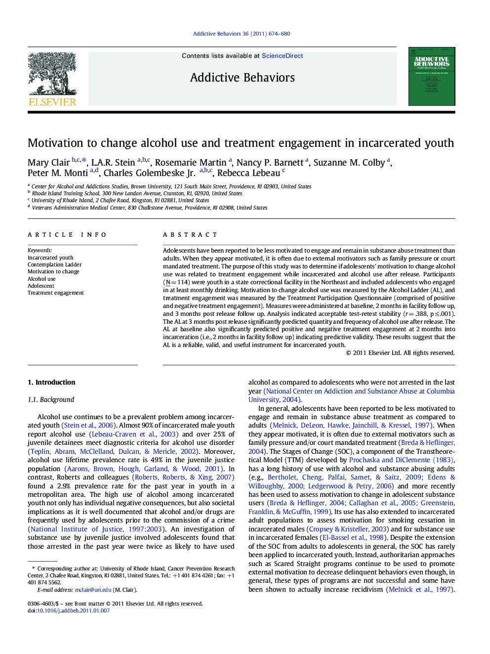 Motivation to change alcohol use and treatment engagement in incarcerated youth