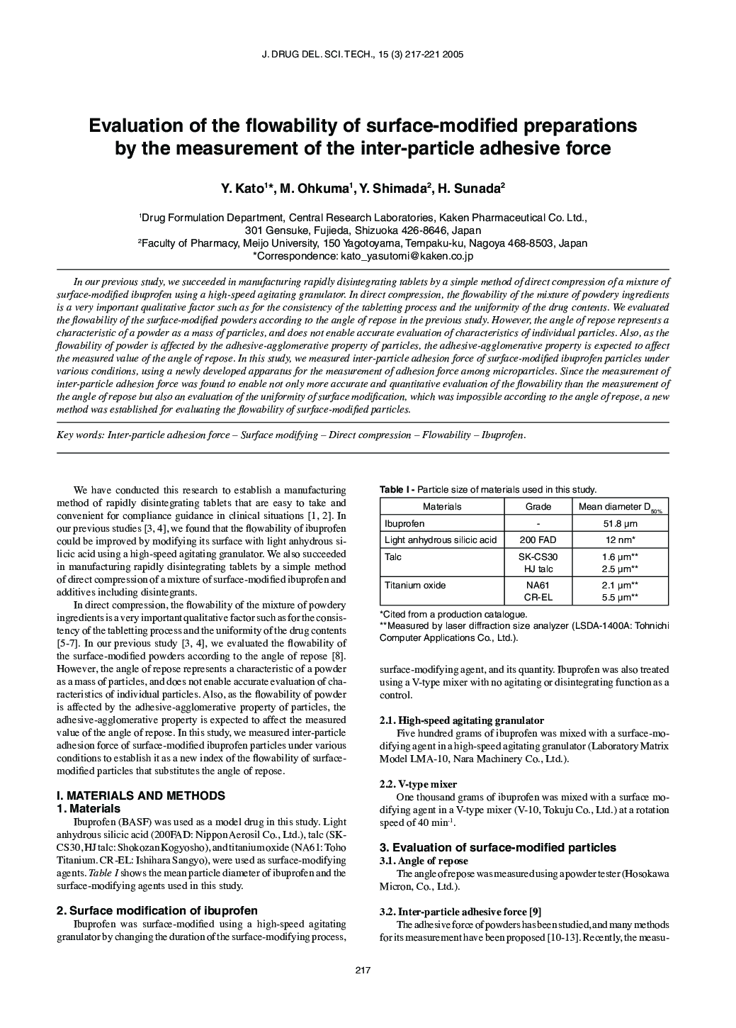 Evaluation of the flowability of surface-modified preparations by the measurement of the inter-particle adhesive force