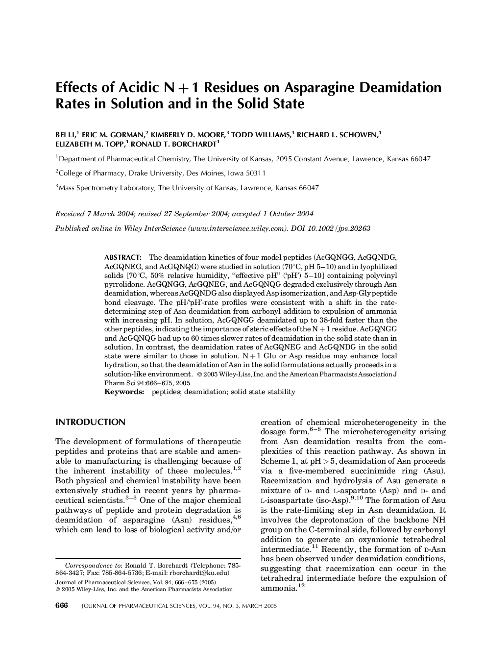 Effects of acidic Nâ+â1 residues on asparagine deamidation rates in solution and in the solid state