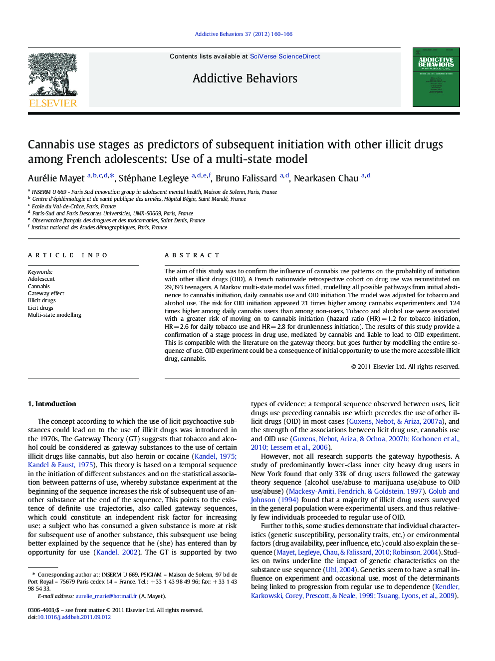 Cannabis use stages as predictors of subsequent initiation with other illicit drugs among French adolescents: Use of a multi-state model