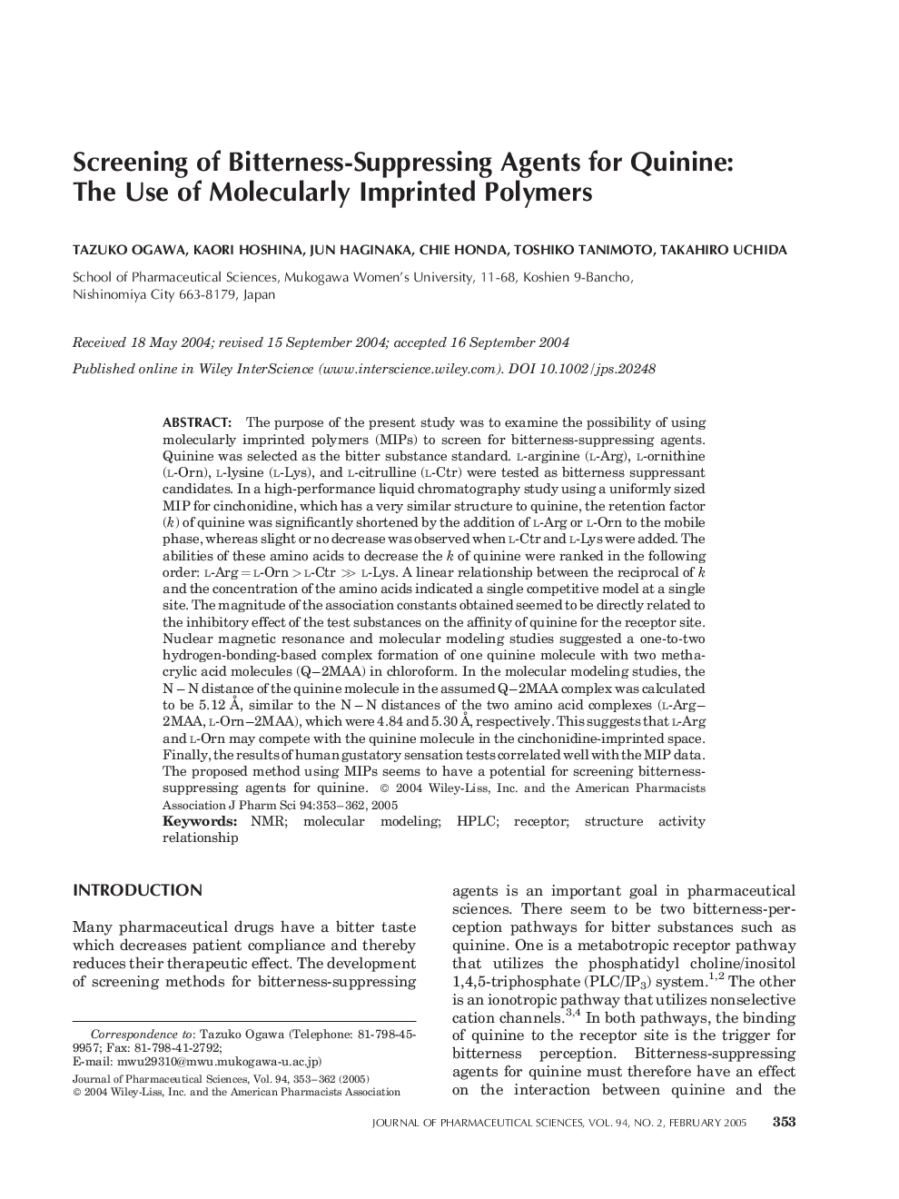 Screening of Bitterness-Suppressing Agents for Quinine: The Use of Molecularly Imprinted Polymers