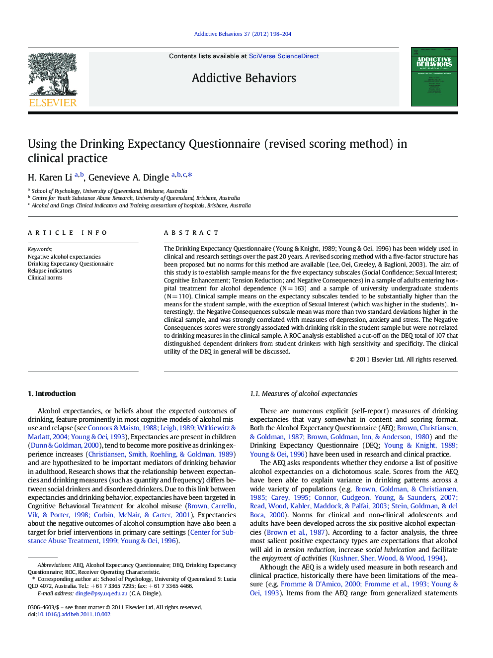 Using the Drinking Expectancy Questionnaire (revised scoring method) in clinical practice