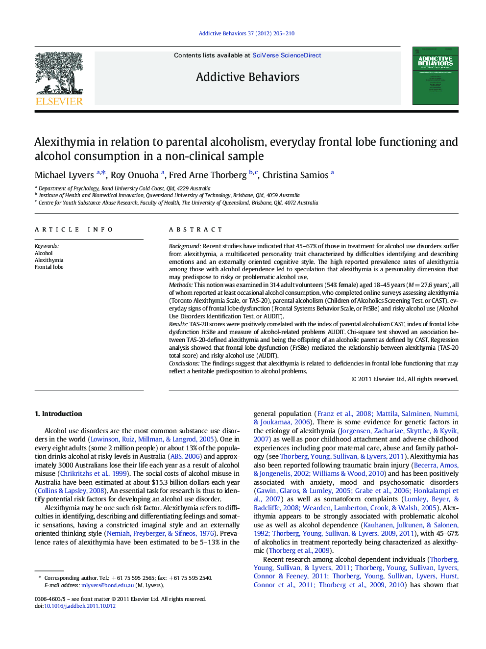 Alexithymia in relation to parental alcoholism, everyday frontal lobe functioning and alcohol consumption in a non-clinical sample