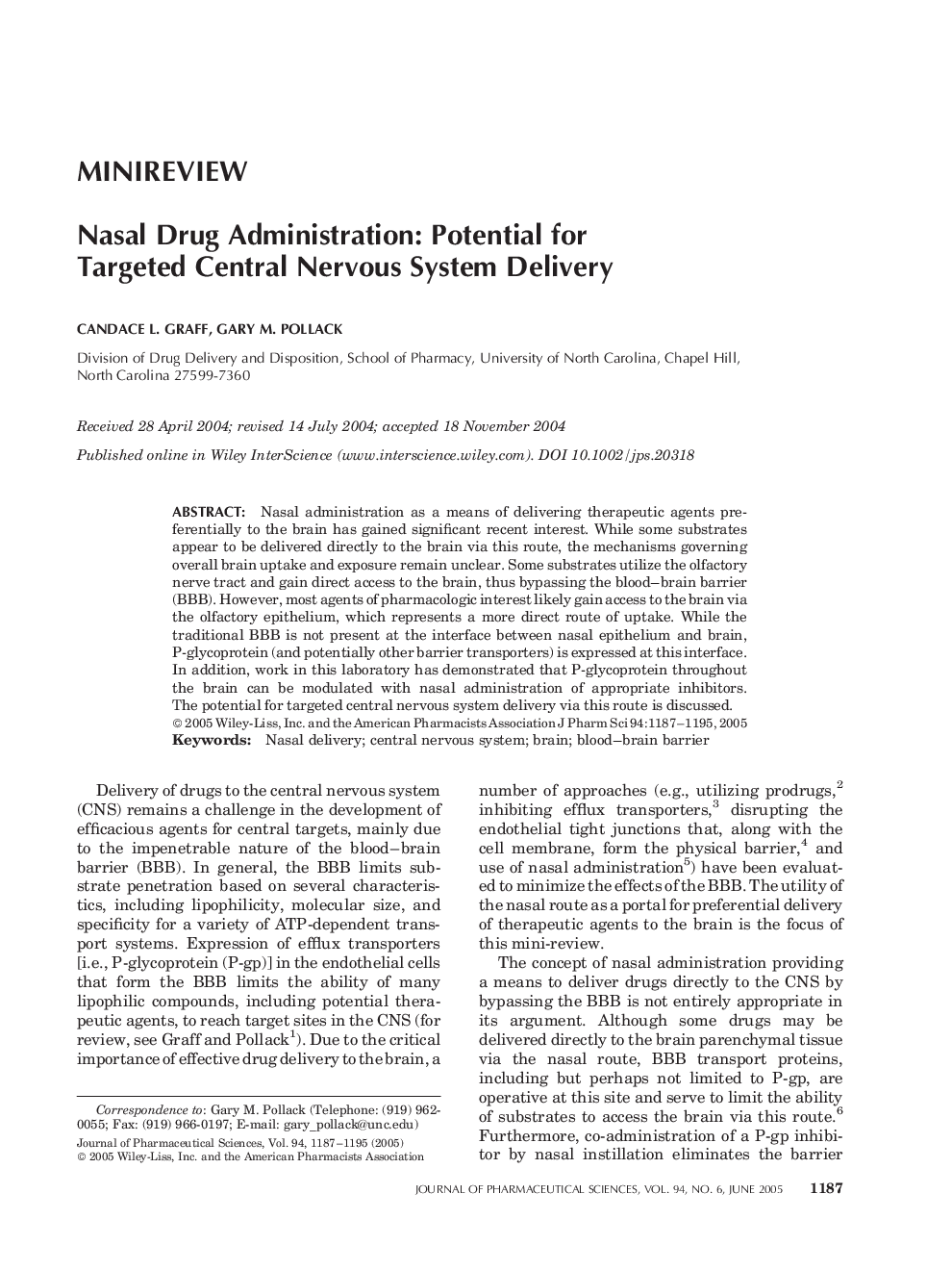 Nasal Drug Administration: Potential for Targeted Central Nervous System Delivery