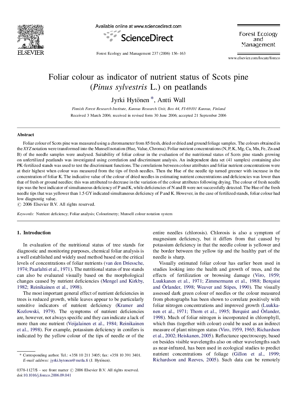 Foliar colour as indicator of nutrient status of Scots pine (Pinus sylvestris L.) on peatlands