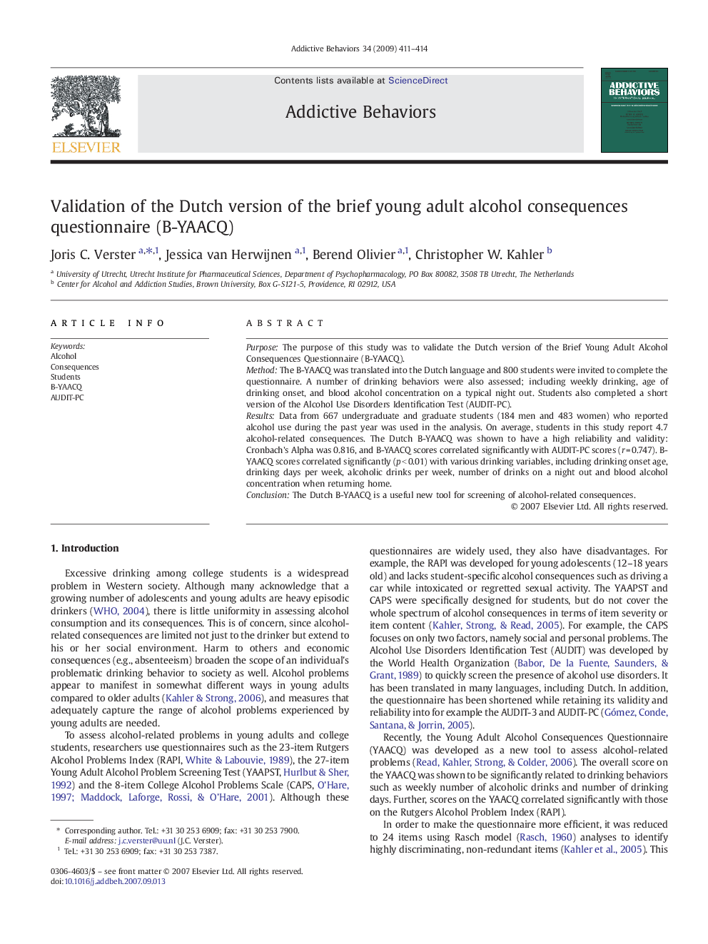 Validation of the Dutch version of the brief young adult alcohol consequences questionnaire (B-YAACQ)